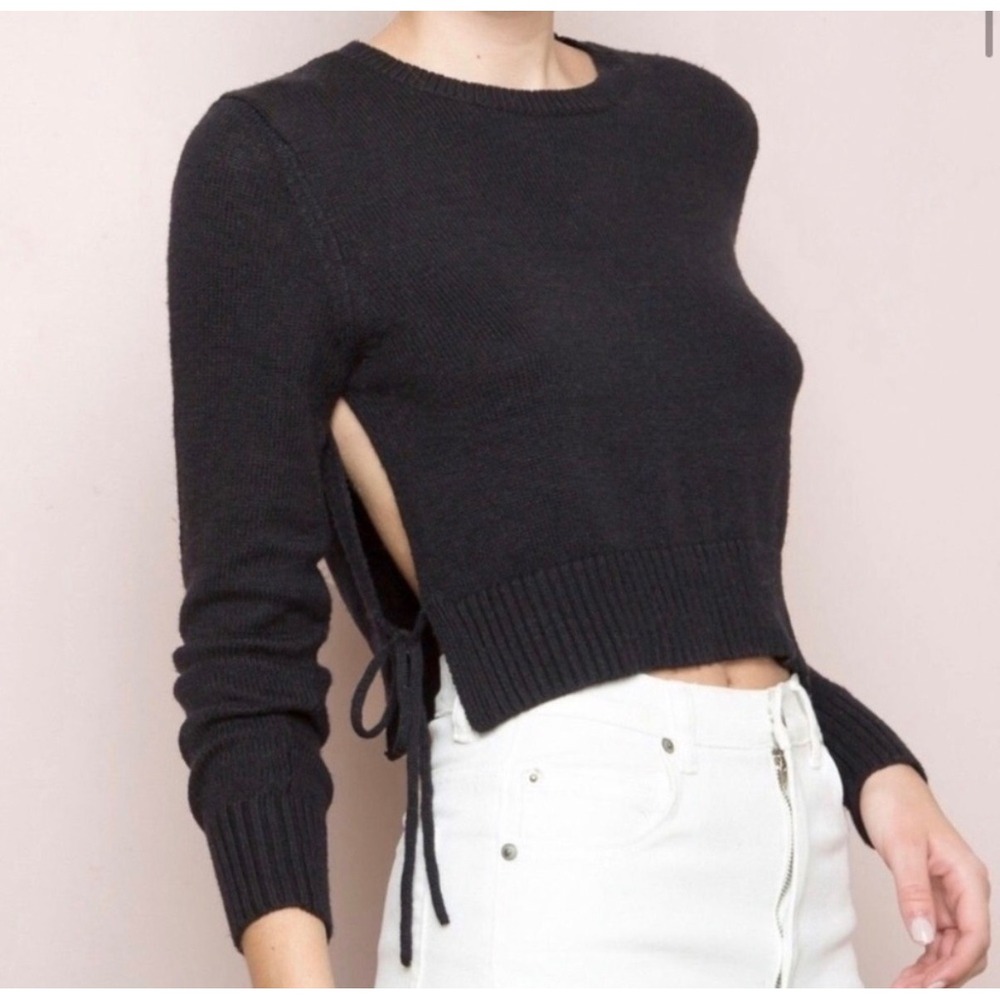 Brandy Melville Black Side Tie‎ Cropped Knit Sweater Crewneck Long Sleeve OS